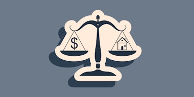 A dark blue scale holding a money icon on one side and a house icon on the other.