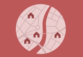 A circle icon of a neighborhood streetscape against a red background.