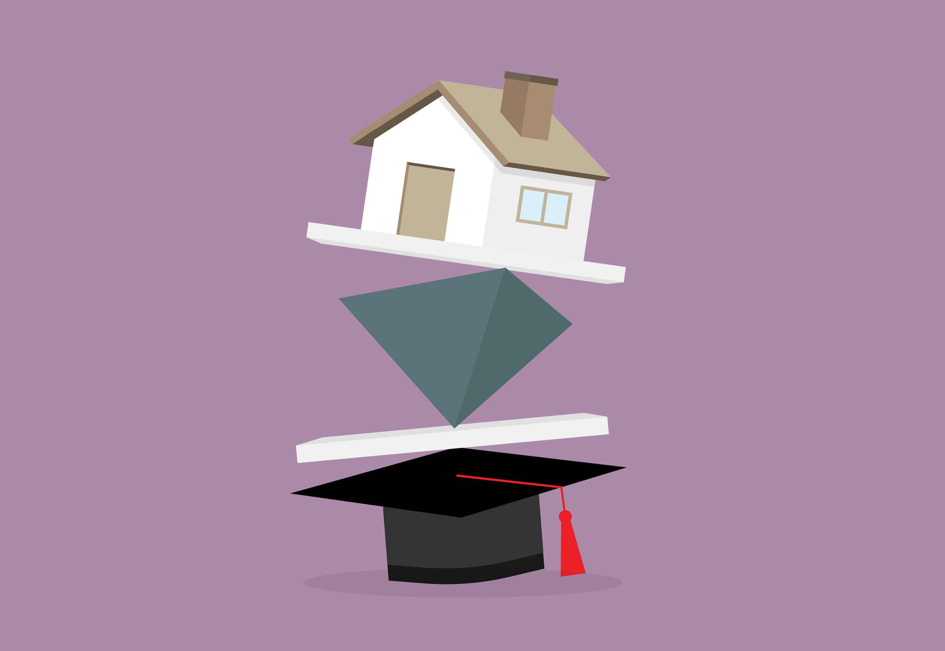 A house balancing on a tower of 3D shapes.