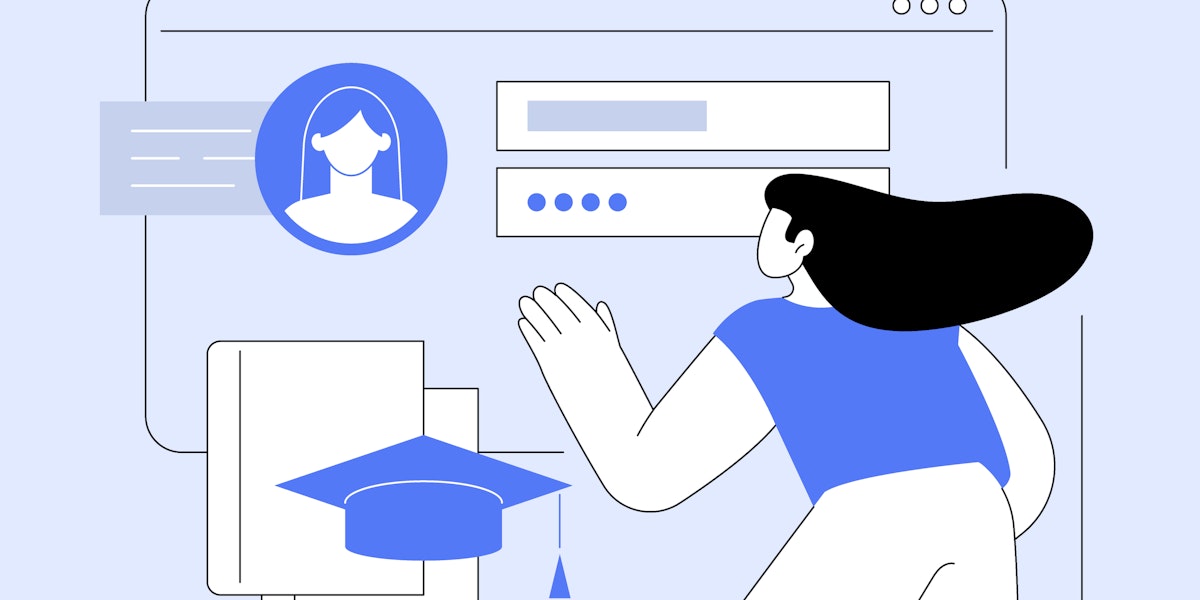 A concept graphic showing a student filling out an online education profile.