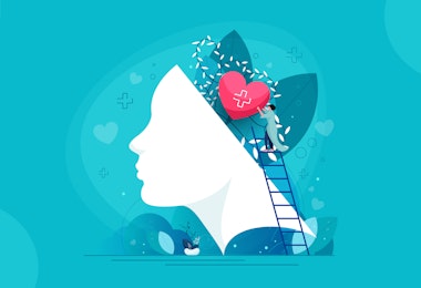 A concept graphic showing a person tending two a larger head's mind, referencing mental health care.