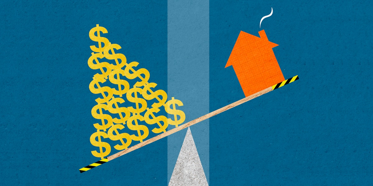 An illustration showing a house icon being balanced against a pile of dollar symbols.