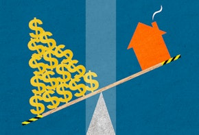An illustration showing a house icon being balanced against a pile of dollar symbols.