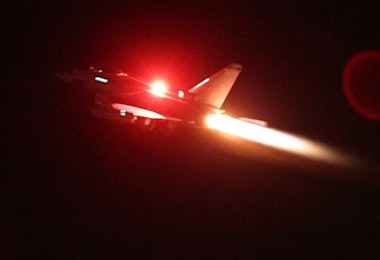 A United Kingdom air force Typhoon aircraft takes off on January 11 from Cyprus to join the U.S.-led coalition to conduct air strikes against Yemen's Houthi rebels.