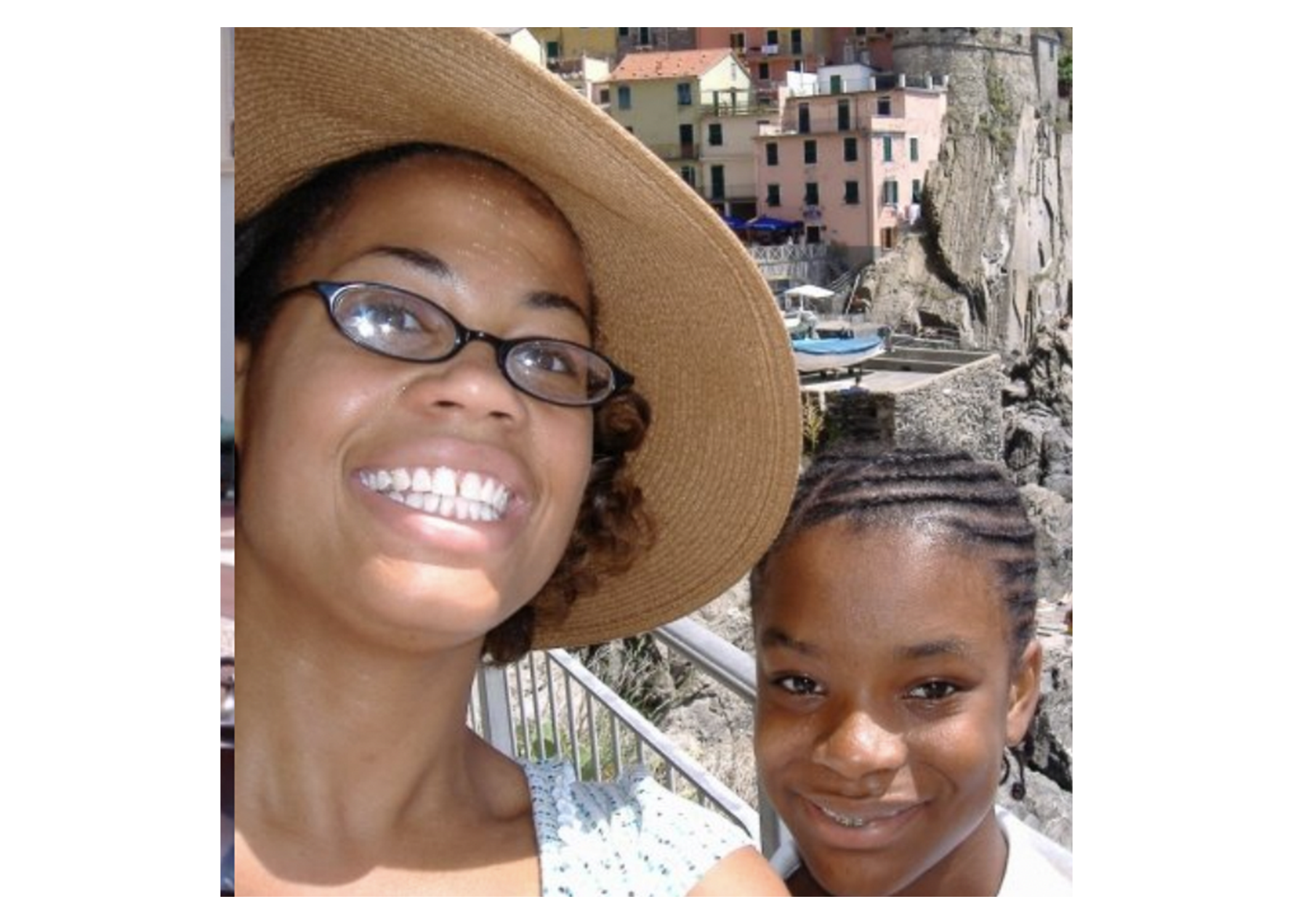 Caption: Principal Jasmine Brann (then high school teacher) and student at Cinque Terre in Italy. Summer 2007 on an international student tour she led. Source: Jasmine Brann.