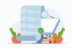 An illustrated image showing a checklist in front of a computer screen, alluding to quality college accreditation.