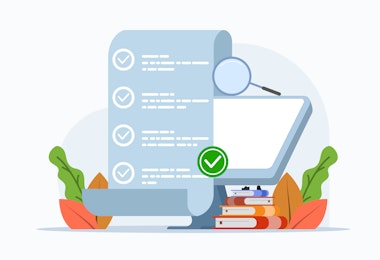 An illustrated image showing a checklist in front of a computer screen, alluding to quality college accreditation.