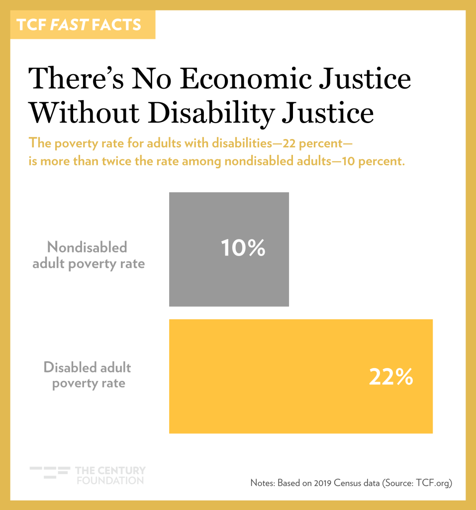 A graphic featuring a gray and yellow bar chart with a header that reads "There's No Economic Justice Without Disability Justice."