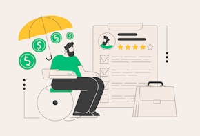 A line vector graphic showing a person in a wheelchair and various icons representing unemployment including a resume, a briefcase, and coins.