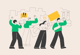 A concept graphic showing four workers in green and white on a workers' strike.