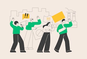 A concept graphic showing four workers in green and white on a workers' strike.