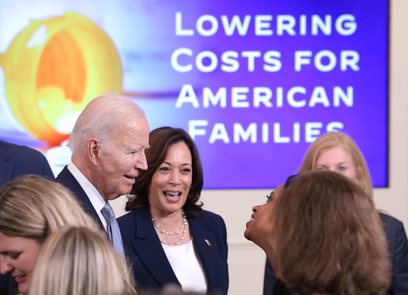 WASHINGTON, DC - AUGUST 29: U.S. President Joe Biden and Vice President Kamala Harris greet audience members during an event promoting lower healthcare costs in the East Room of the White House on August 29, 2023 in Washington, DC. The Biden administration announced a list of the first ten medicines that will now have lower prices following negotiations with Medicare. (Photo by Win McNamee/Getty Images)