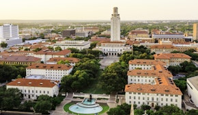 University of Texas Austin campus at sunset-dusk - aerial view