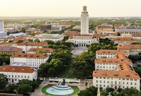 University of Texas Austin campus at sunset-dusk - aerial view