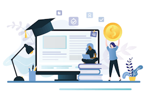 Female character investing money in education. Student sitting with laptop and upgrade skills. Investment in knowledge concept. Learning student. Educative credit scholarship. Flat vector illustration