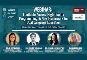 An image for an event featuring photos of four individuals that will be speaking at a webinar about equitable access in dual language education programs
