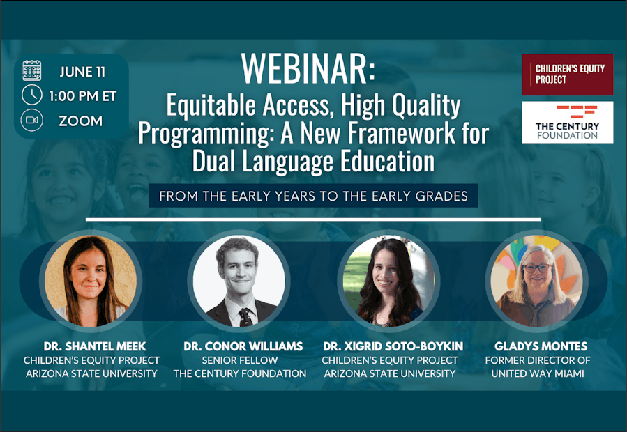 An image for an event featuring photos of four individuals that will be speaking at a webinar about equitable access in dual language education programs