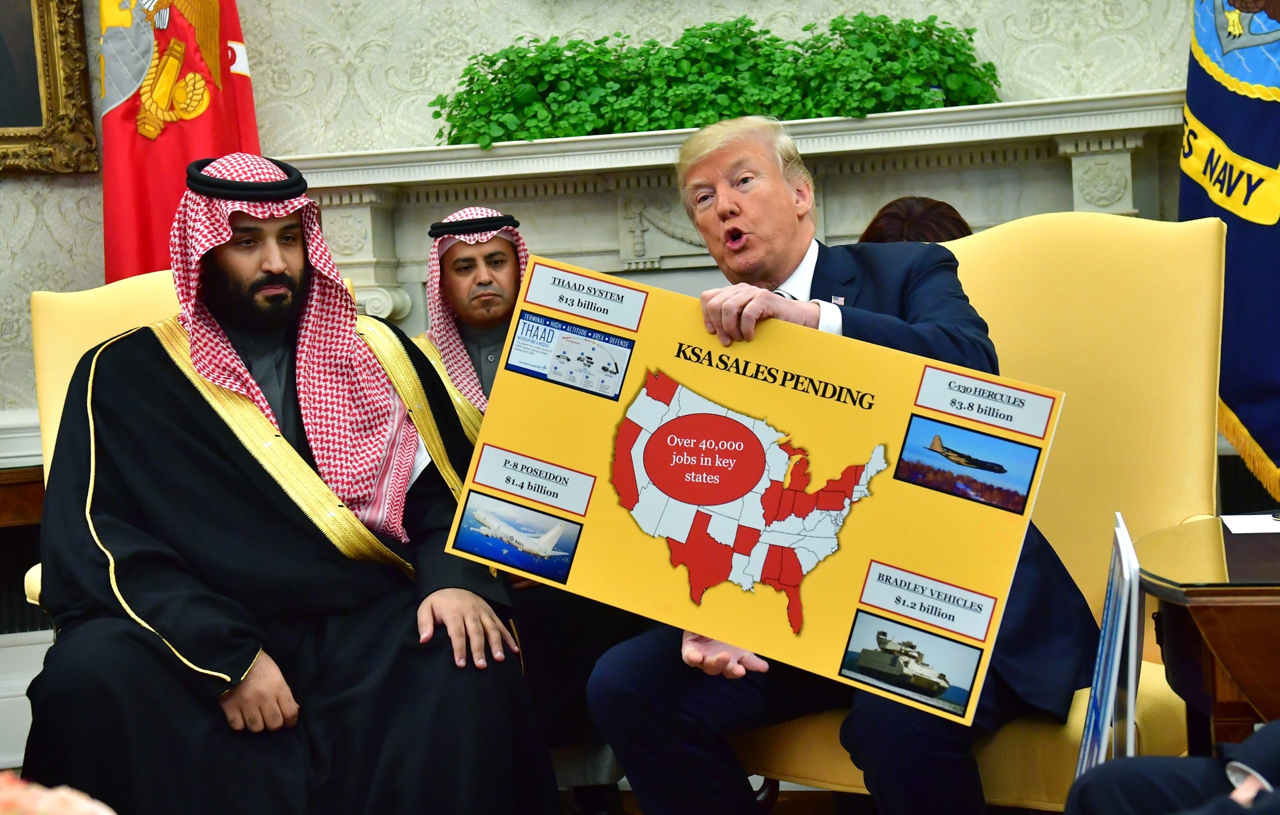 Donald Trump holds up a chart of military hardware sales as he meets with Crown Prince Mohammed bin Salman of the Kingdom of Saudi Arabia in the Oval Office of the White House on March 20, 2018, during the first Trump administration. Source: Kevin Dietsch-Pool/Getty Images