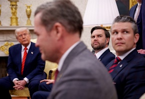 WASHINGTON, DC - MARCH 13: (L-R) U.S. President Donald Trump, U.S. National Security Adviser Michael Waltz, U.S. Vice President J.D. Vance, and Defense Secretary Pete Hegseth, listen to a question from a reporter during a meeting in the Oval Office of the White House on March 13, 2025 in Washington, DC. The two leaders met as the Trump administration has once again put the military alliance between the United States and Western Europe in question. (Photo by Andrew Harnik/Getty Images)