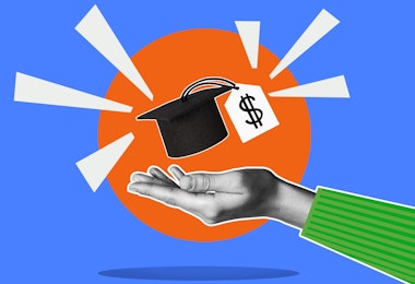 Concept of financial literacy and education. Human hand and graduation cap with dollar sign. Collage.