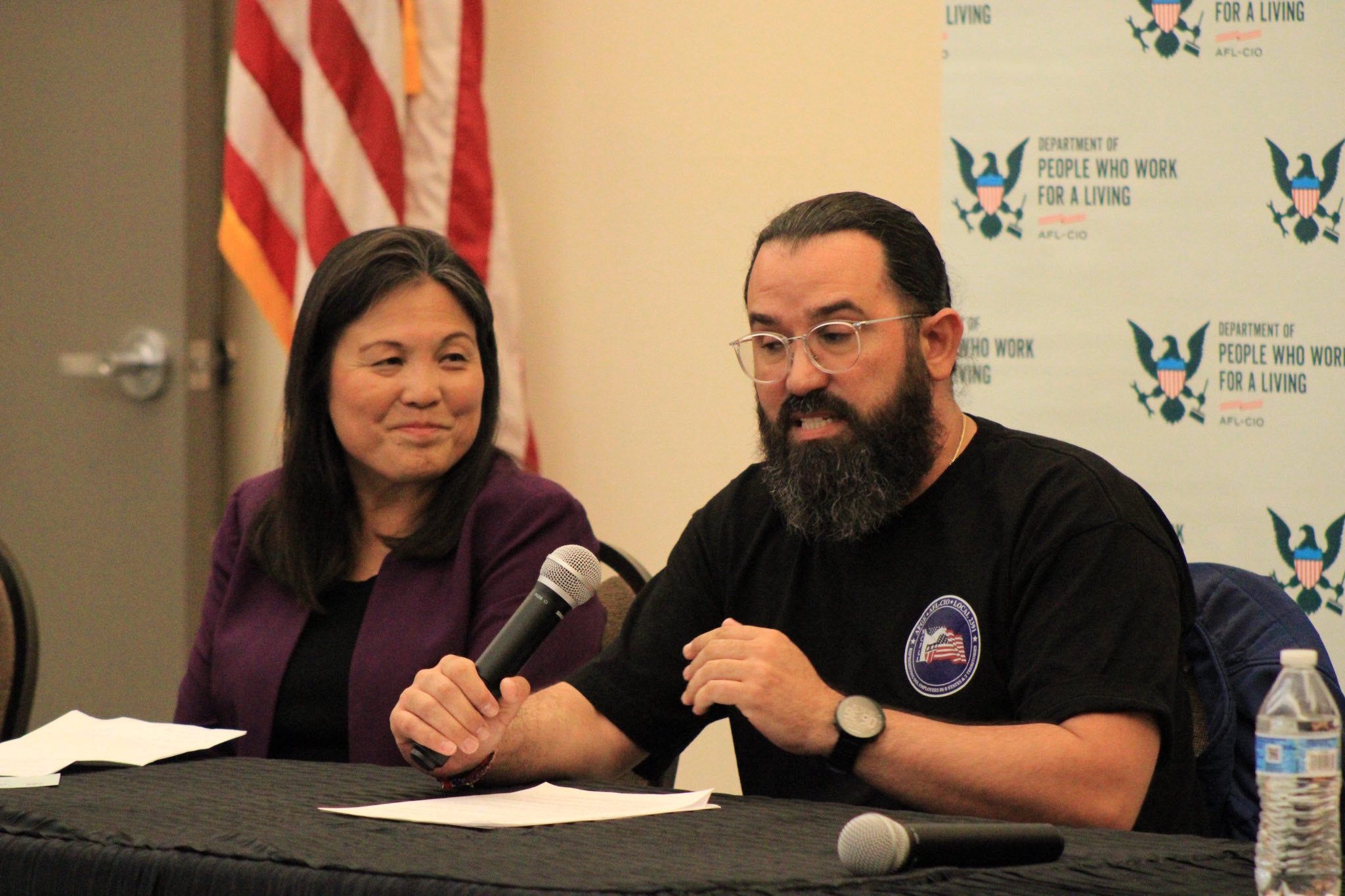 Omar Algeciras and Julie Su speaking at the International Union of Painters and Allied Trades (IUPAT) Local 86