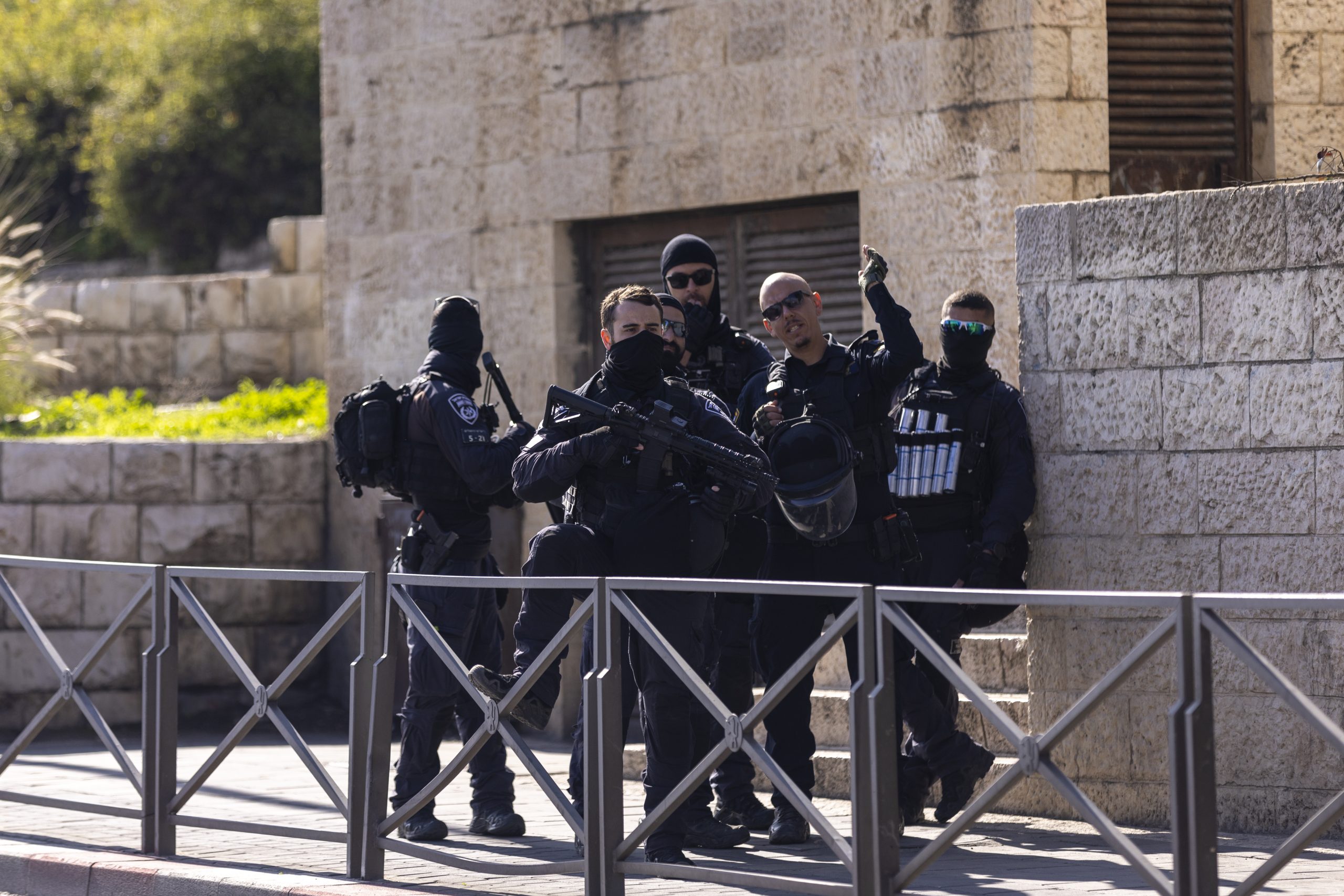 Israeli Border Police stand guard in the Wadi al-Joz Palestinian neighborhood in East Jerusalem on December 29, 2023. Source: Maja Hitij/Getty Images