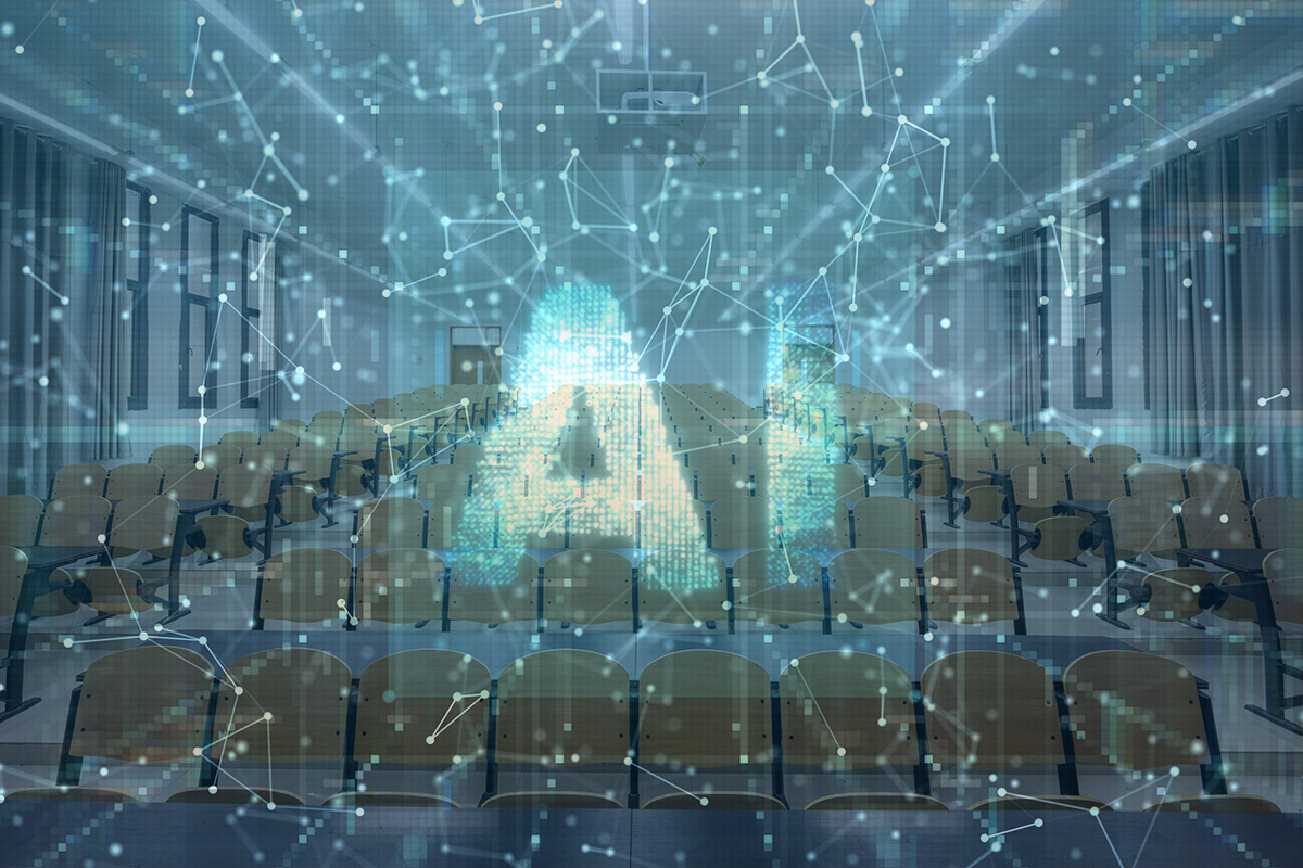 A view of a college lecture hall with an image that represents AI overlaid on top of it