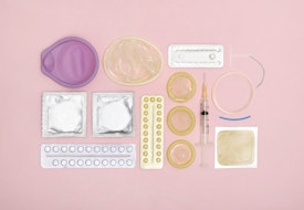 Contraception techniques against a pink background.