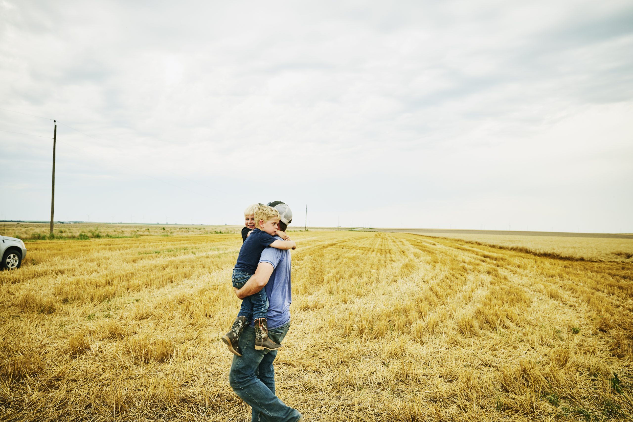 Medium wide shot of farmer carrying two young sons through cut wheat field during summer harvest