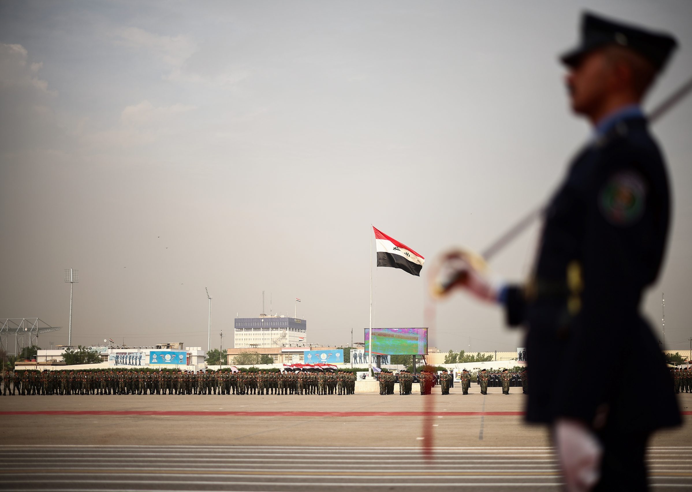 BAGHDAD, IRAQ - NOVEMBER 26: Iraqi police cadets take part in a rehearsal of the police cadet passing out ceremony at the Iraq National Police College on November 26, 2024 in Baghdad, Iraq. Britain's Home Secretary Yvette Cooper is visiting Bagdad and Erbil for a three-day visit to Iraq, during which a Joint Statement between Iraq and Britain was signed to tackle people smuggling and organised crime networks which have been operating across the region and in Europe. Further cooperation was agreed on tackling drug flows, modern slavery and continuing counter terrorism work. (Photo by Henry Nicholls-WPA Pool/Getty Images)