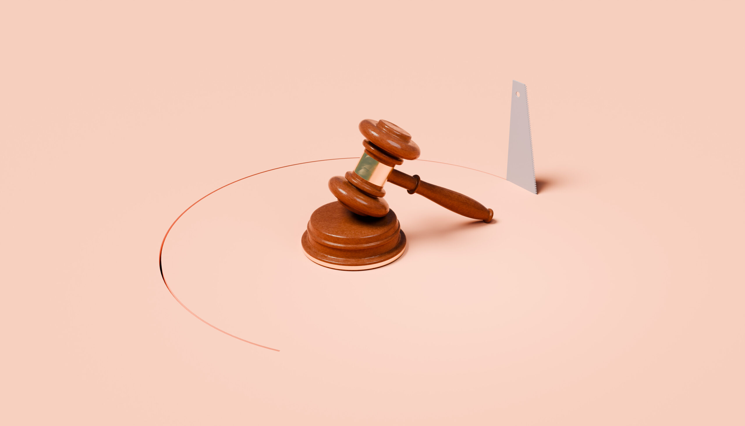 This conceptual still image features a handsaw poised to carve a circular outline around a traditional justice gavel, symbolizing external pressure on legal systems and the delicate balance of judicial power. The static composition emphasizes vulnerability, scrutiny, and the potential reshaping of law and order. Ideal for illustrating themes of justice reform, legal oversight, or institutional tension, this image provides ample negative space for editorial text, taglines, and branding, making it suitable for commercial and news-related legal content.