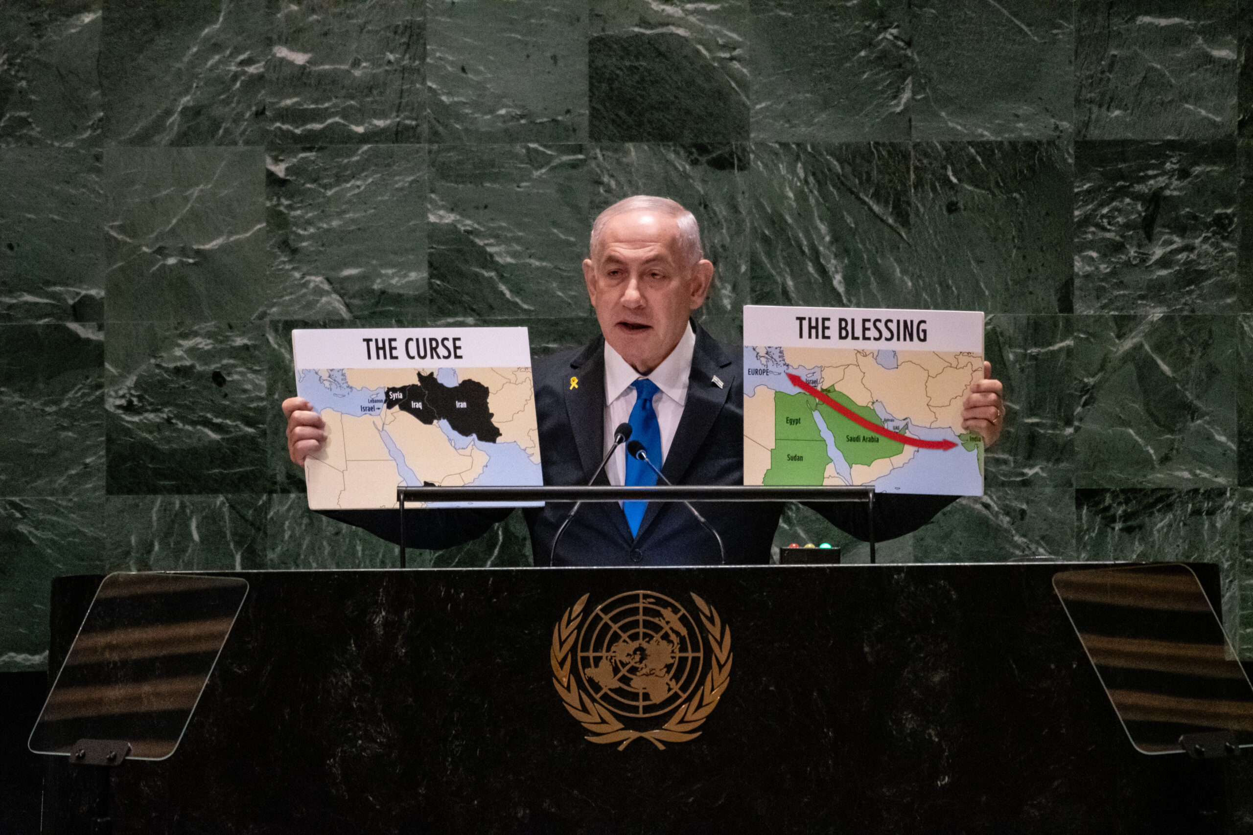 NEW YORK, NEW YORK - SEPTEMBER 27: Israeli Prime Minister Benjamin Netanyahu speaks during the United Nations General Assembly (UNGA) at the United Nations headquarters on September 27, 2024 in New York City. World leaders convened for the General Assembly as the world continues to experience major wars in Gaza, Ukraine, and Sudan, along with a threat of a larger conflict in the Middle East. (Photo by Stephanie Keith/Getty Images)